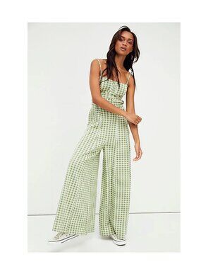 Free People Hold Me Tight Jumpsuit / Medium / Lime Green Gingham Wide Leg